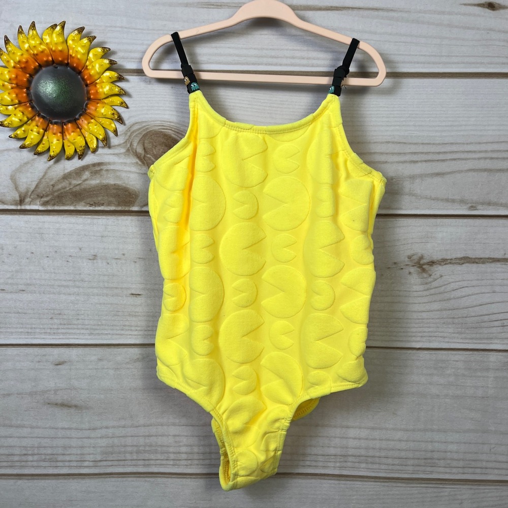 Justice Pac-Man Girls One‎ Piece Swimsuit Yellow Textured Ghost Charms Size 7/8